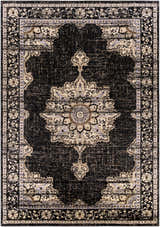 Lostwithiel Black Medallion Rug with a traditional, vintage design in black, beige, and charcoal colors. Design-Rectangle-79112
