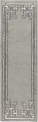 Close-up of the hand woven Lott Area Rug in gray wool with ink blue and light gray geometric border design. Design-Runner-268