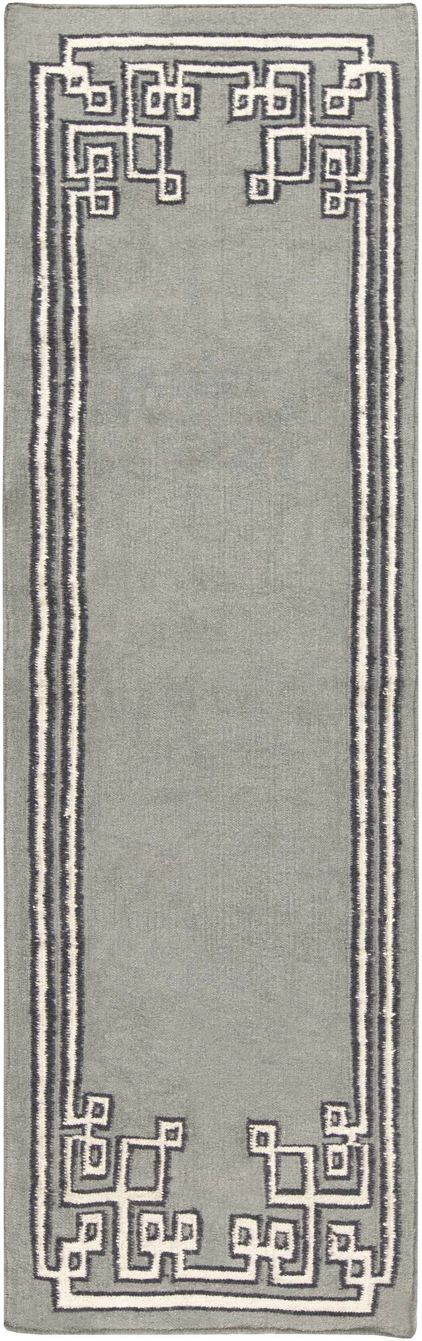 Close-up of the hand woven Lott Area Rug in gray wool with ink blue and light gray geometric border design. Design-Runner-268