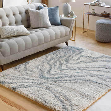 Living room scene with a blue and cream Lottery Area Rug, sofa, pillows, and wood floors. Roomscene-Rectangle