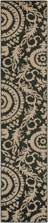 Close-up of the Loughton Area Rug. Black background with a light brown traditional floral pattern. Machine woven olefin rug. Design-Runner-23119