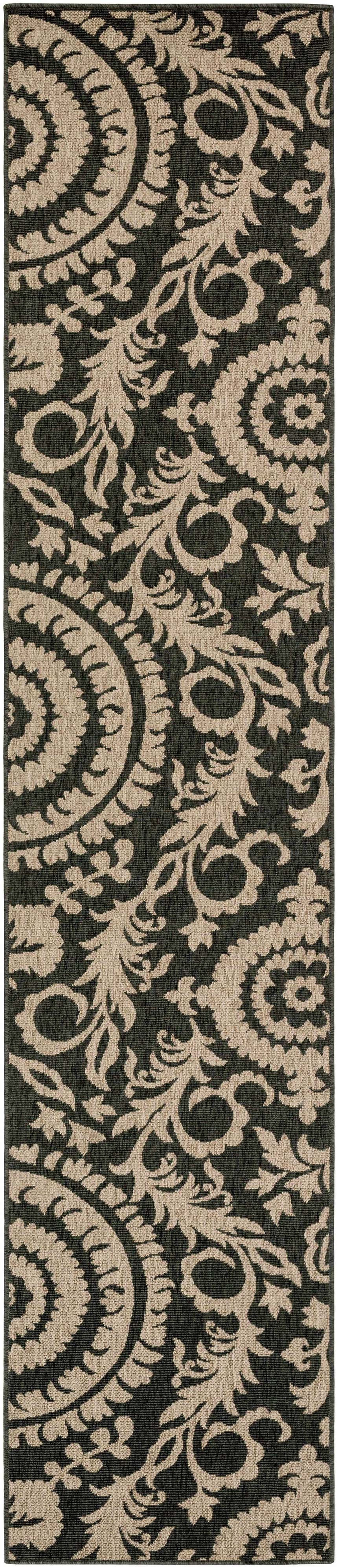 Close-up of the Loughton Area Rug. Black background with a light brown traditional floral pattern. Machine woven olefin rug. Design-Runner-23119
