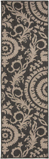 Close-up of the Loughton Area Rug. Black background with a light brown traditional floral and medallion pattern. Design-Runner-2379