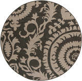 Close-up of the round Loughton Area Rug. Black background with a light brown floral and leaf pattern. Design-Round-73
