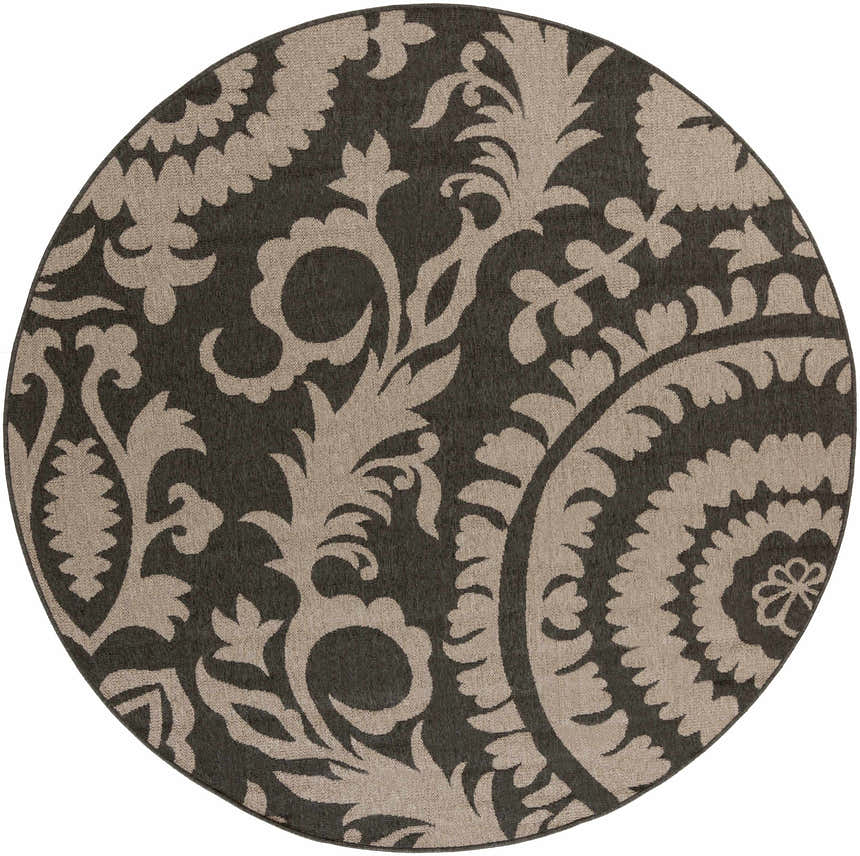 Close-up of the round Loughton Area Rug. Black background with a light brown floral and leaf pattern. Design-Round-73