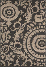 Close-up of the Loughton Area Rug featuring a light brown floral and paisley pattern on a black background. Design-Rectangle-76109