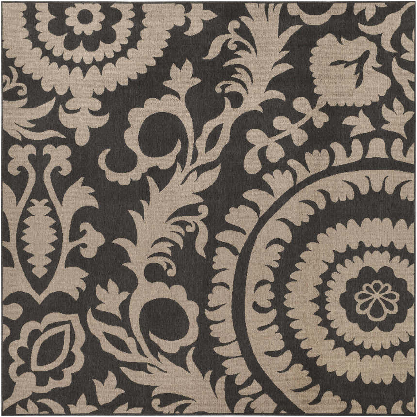 Close up of the Loughton Area Rug in black and light brown, featuring a floral and damask pattern. Design-Square-89