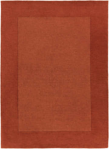 Close-up of a Bordered Solid Brick Red Wool Rug. Hand-loomed rug in shades of rust and brick red with a subtle border design. Design-Rectangle-811