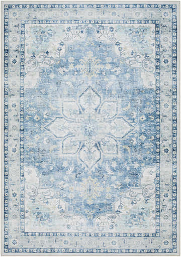 Lotan Blue Medallion Washable Area Rug with farmhouse style design. Light gray, silver, and blue traditional rug. Design-Rectangle-576