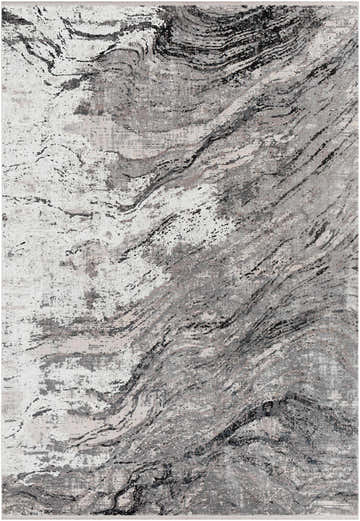 Close-up of the Littleport Luxury Fringed Faux Silk Rug in black, charcoal, gray, and light gray with a contemporary, abstract design. Design-Rectangle