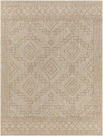 Close-up of Lucea Indoor Outdoor Rug in tan and cream with a geometric farmhouse pattern. Design-Rectangle-537