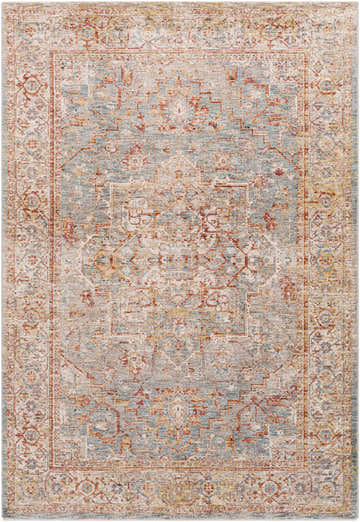 Detailed view of the Lumpkin Area Rug with traditional brick red, teal, and beige oriental pattern. Design-Rectangle-575