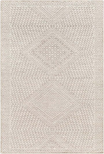Close-up of the Lusacan Area Carpet featuring a geometric diamond pattern in charcoal, gray, and off-white hues. Design-Rectangle-576