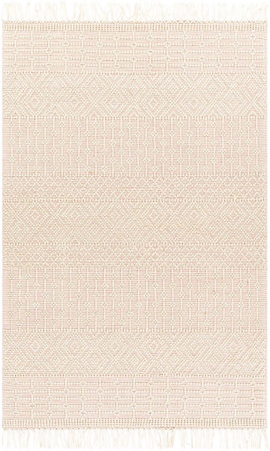 Close-up of the hand-woven Luyu Area Rug. Bohemian design in cloud gray, light peach, and mocha with fringe. Design-Rectangle-46