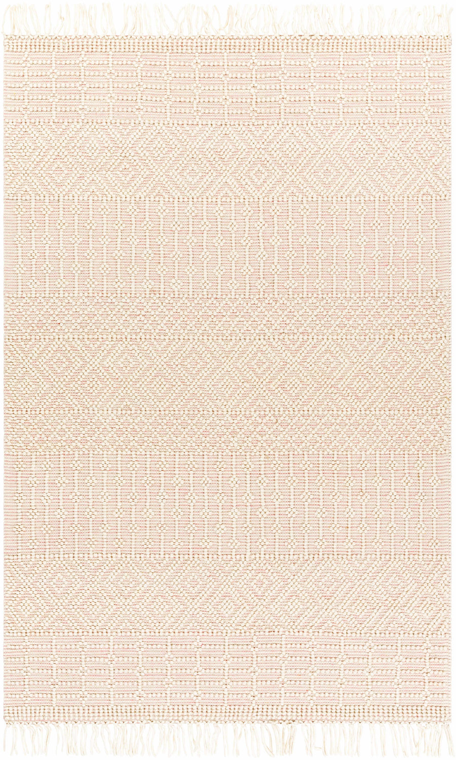Close-up of the hand-woven Luyu Area Rug. Bohemian design in cloud gray, light peach, and mocha with fringe. Design-Rectangle-46