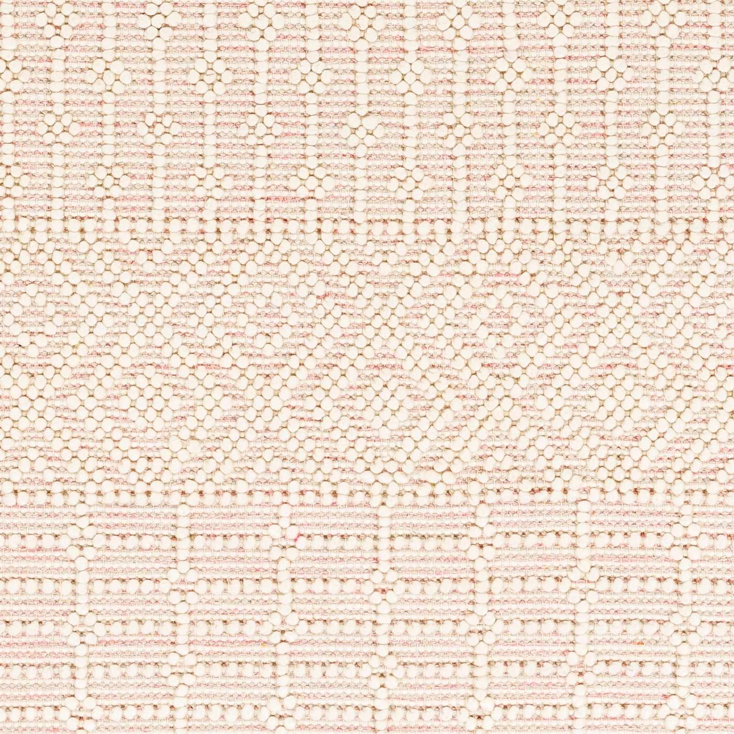 Close-up of the hand woven Luyu Area Rug. Features a cloud gray, light peach, and mocha geometric pattern. Texture