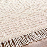 Close-up of the hand-woven Luyu Area Rug. Features a geometric pattern, cloud gray and light peach tones, and fringe detail. Texture