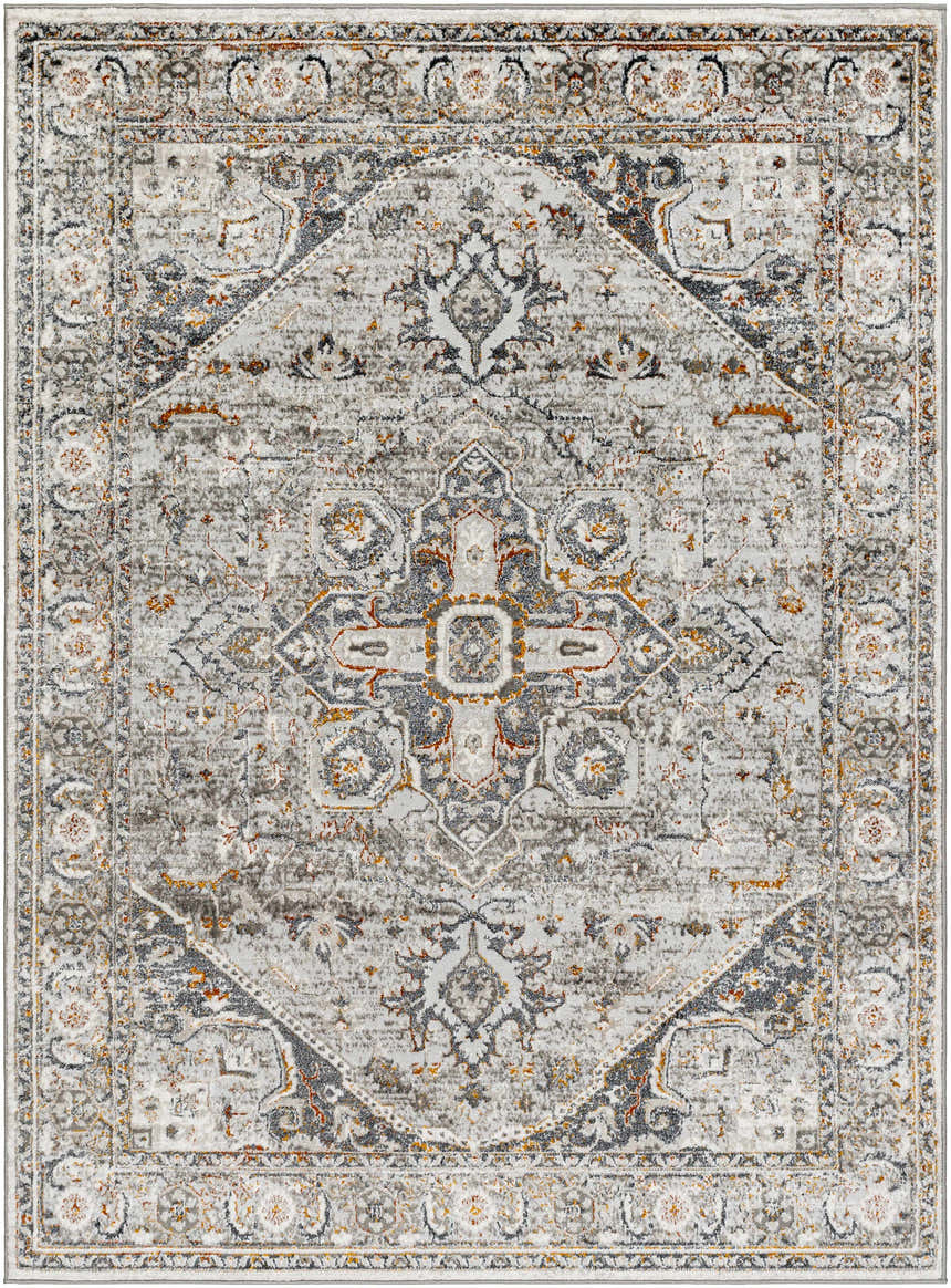 Detailed close-up of the Liverpool Dark Gray Area Rug, showcasing its traditional charcoal, gray, and rust colored medallion pattern. Design-Rectangle-537