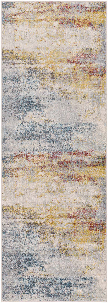 Close-up of the Alexandra Area Rug showing its abstract pattern in brick red, mustard, blue, and gray hues. Design-Runner-2710