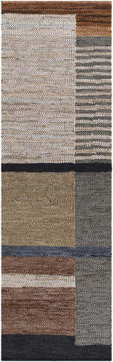 Close-up of the Lyndoch Leather Patchwork Rug. Hand-woven leather rug in black, brown, beige, and gray tones. Contemporary style. Design-Runner-268