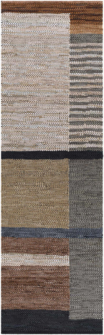 Close-up of the Lyndoch Leather Patchwork Rug. Hand-woven leather rug in black, brown, beige, and gray tones. Contemporary style. Design-Runner-268