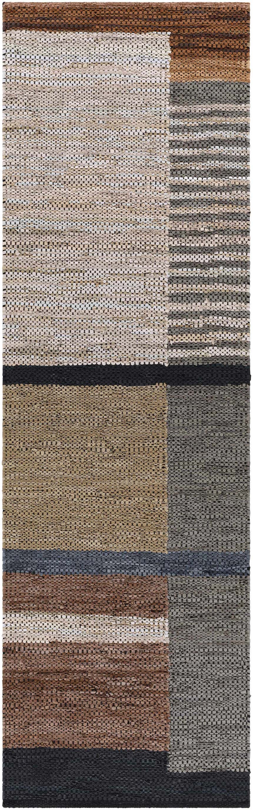 Close-up of the Lyndoch Leather Patchwork Rug. Hand-woven leather rug in black, brown, beige, and gray tones. Contemporary style. Design-Runner-268