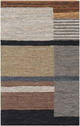 Close-up of the Lyndoch Leather Patchwork Rug. Features black, brown, beige, and gray tones in a hand woven, contemporary design. Design-Rectangle-576