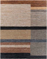 Close-up of the hand-woven Lyndoch Leather Patchwork Rug. Features black, brown, camel, and gray tones in a contemporary design. Design-Rectangle-810