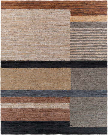 Close-up of the hand-woven Lyndoch Leather Patchwork Rug. Features black, brown, camel, and gray tones in a contemporary design. Design-Rectangle-810