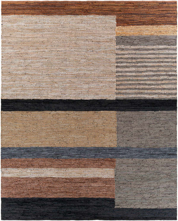Close-up of the hand-woven Lyndoch Leather Patchwork Rug. Features black, brown, camel, and gray tones in a contemporary design. Design-Rectangle-810