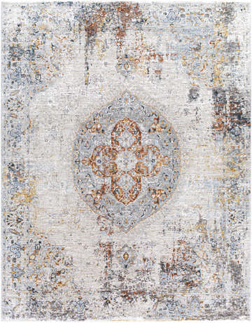 Detailed view of the Ely Area Rug, a machine-woven Persian-style rug in cream, gray, brick red, and mustard tones. Design-Rectangle-710103