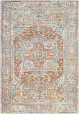 Close-up of the Rust Maayon Washable Rug featuring a traditional, vintage-inspired design in brick red, blue, and olive tones. Design-Rectangle-537