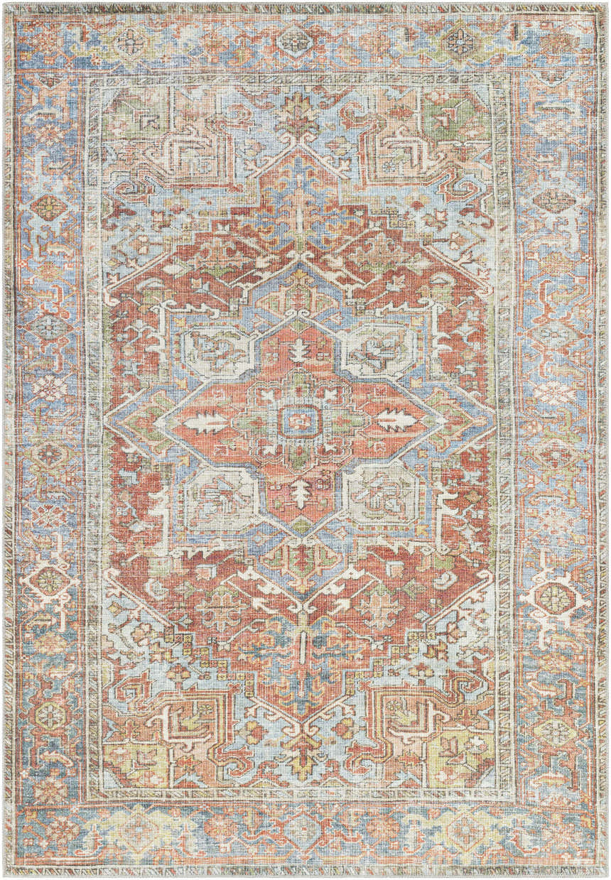 Close-up of the Rust Maayon Washable Rug featuring a traditional, vintage-inspired design in brick red, blue, and olive tones. Design-Rectangle-537