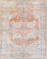 Close-up of the Rust Maayon Washable Rug, featuring a traditional oriental design with brick red, brown, and denim blue tones. Design-Rectangle-7696