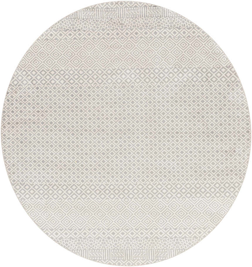 Close-up of round Maanas Washable Area Rug. Gray and light gray diamond pattern with geometric border. Design-Round-67