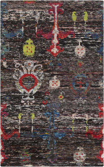 Close-up of the Macy 5x8 handmade black silk carpet. Bohemian style rug with red, green, and blue accents. Hand knotted texture. Design-Rectangle-58