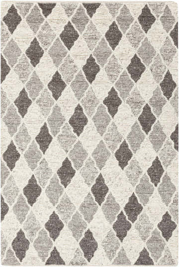 Close-up of the hand woven Madden Premium Rug. Diamond pattern in black, charcoal, gray and ivory. Design-Rectangle-576