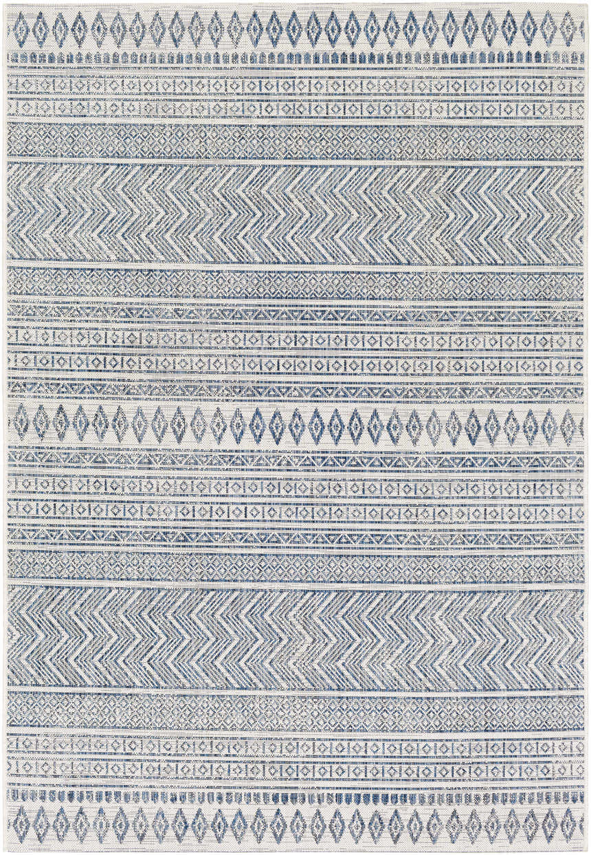 Close-up of Madras Light Blue Green All Over Performance Area Rug featuring bohemian-inspired geometric patterns. Design-Rectangle-5376