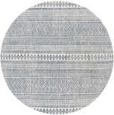 Close-up of a round Madras Light Blue Green All Over Performance Area Rug with bohemian-inspired geometric patterns. Design-Round-67