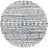 Close-up of the round Madras Light Blue Green rug, showcasing its bohemian-inspired diamond and chevron pattern. Design-Round-710