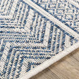 Close-up of the Madras Light Blue Green All Over Performance Area Rug showing its woven texture and geometric pattern. Texture