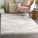 Styled room featuring Magazine Geometric High/Low Pile Rug with Tassels in gray and tan. Pink chair and wood accents. Roomscene-Rectangle