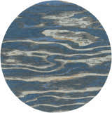Close-up of round Maida Area Rug. Abstract pattern in blue, gray, and tan. Hand-tufted wool texture. Contemporary style. Design-Round