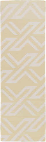 Close-up of the Malibu Area Rug, a hand-woven runner with a geometric pattern in pale yellow and white viscose. Design-Runner-268