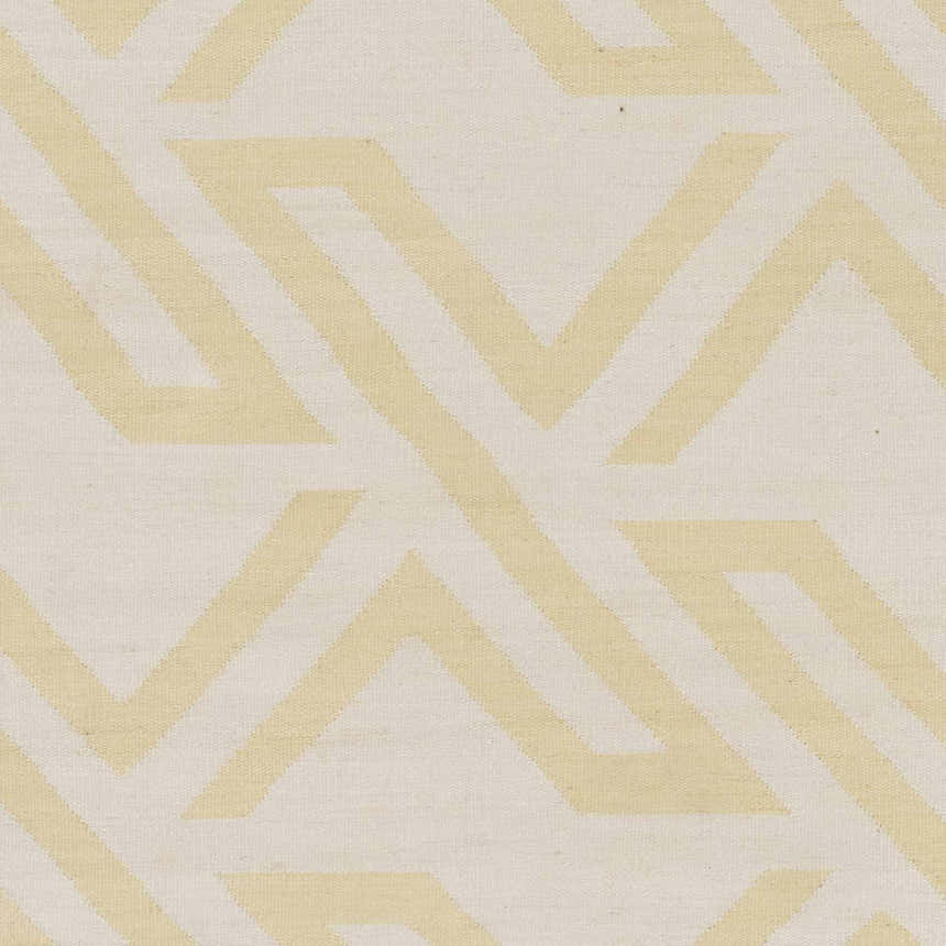 Close-up of the hand woven Malibu Area Rug. Features a contemporary geometric pattern in cream and pale yellow. Swatch