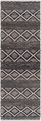 Close-up of the Maluanluan Jute Carpet. Hand-woven rug with a geometric diamond pattern in black and light beige. Design-Runner-268
