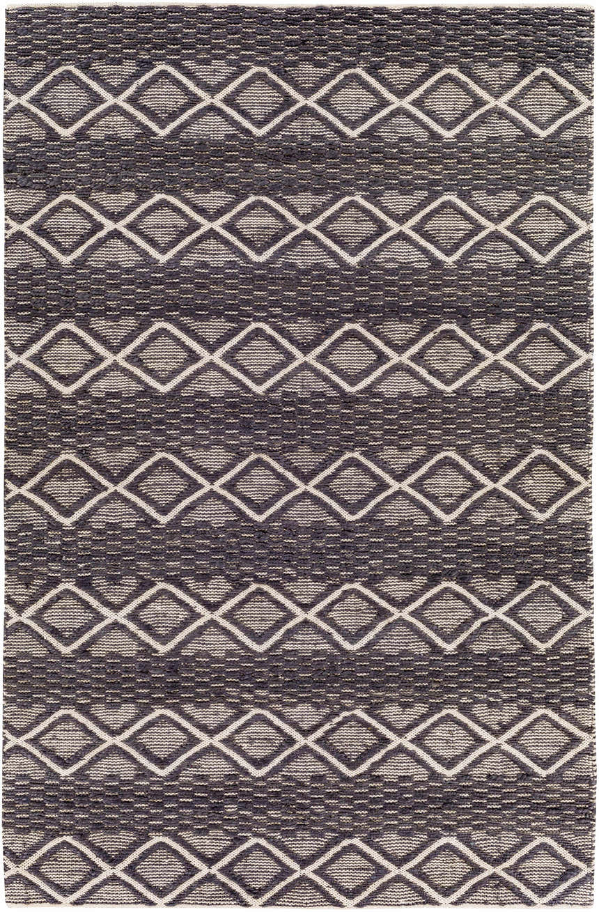 Close-up of the hand woven Maluanluan Jute Carpet. Black jute rug with a light beige diamond pattern. Bohemian style. Design-Rectangle-576