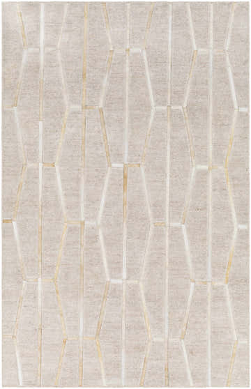 Close-up of the hand-crafted Managok Area Rug. Light brown viscose rug with a geometric pattern in tan and oatmeal. Design-Rectangle-576