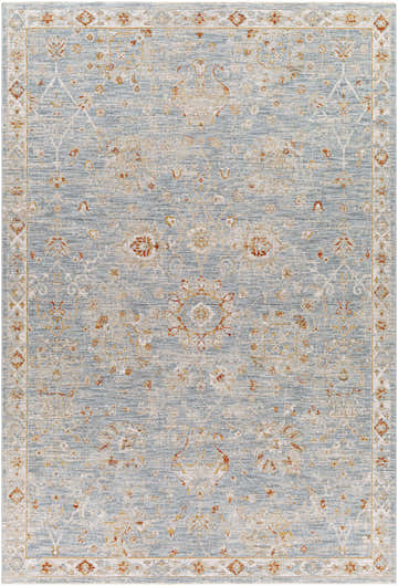 Close-up of the Mangham Thick Luxe Area Rug featuring a traditional oriental pattern in blue, beige, and brick red tones. Design-Rectangle-6796