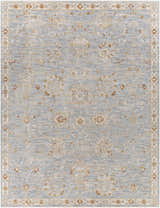 Close-up of the Mangham Thick Luxe Area Rug, featuring a blue, beige, and rust traditional pattern. Design-Rectangle-710103